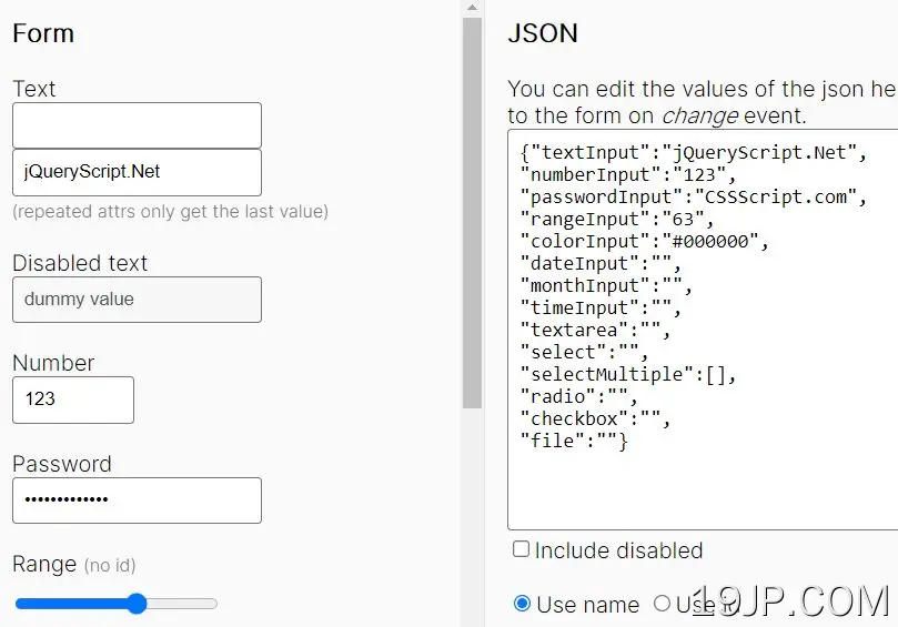 JSON jQuery输入值设置和获取表单值